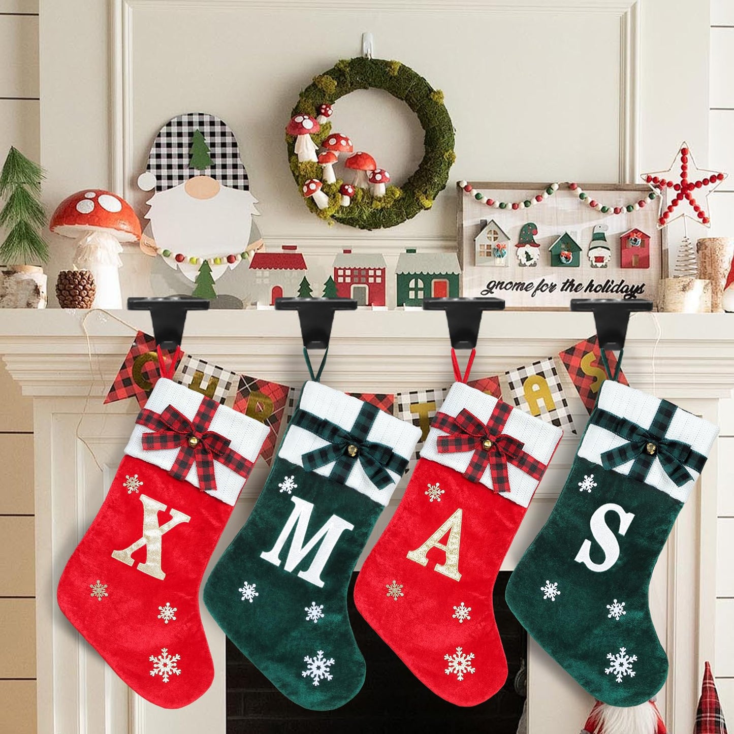 HMASYO Christmas Stocking Holders for Mantle Set of 4, Black Heavy Duty Iron Stocking Hangers Base, Low Profile Weighted Stocking Holder Hooks for Fireplace Tabletop Shelf Christmas Decoration