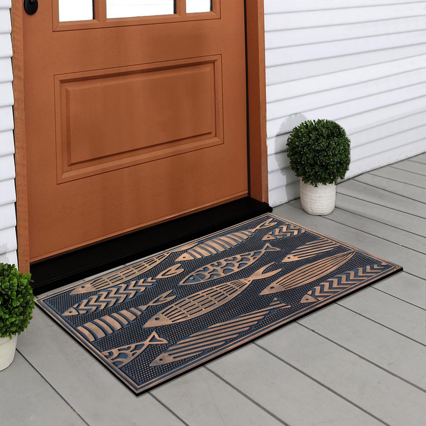 A1HC Rubber Welcome Doormat for Outdoor Indoor Entrance, Non-Slip Backing Front Door Mat for High Traffic Area Use, Fun Designed Entrymat, 18"x30" Nautical Fish