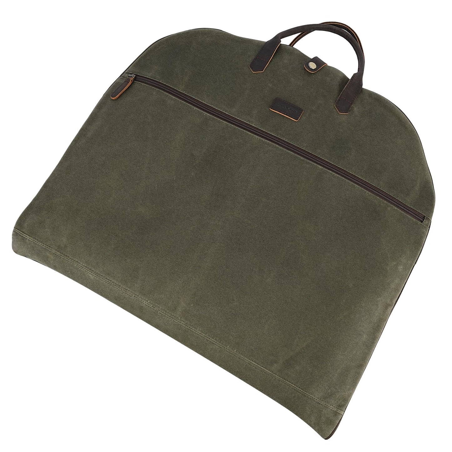 Polare 43” Waxed Canvas Full Grain Leather Trim Carry On Garment Bag for Travel, Waterproof Dust-Proof Foldable Hanging Suitcase Weekender Garment Cover with YKK Zipper (Army Green)
