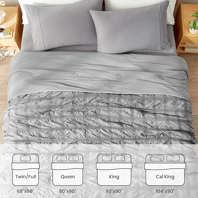 Cozy Bliss Cooling Comforter King Size Seersucker Plaid, Q-Max 0.4 Reversible Lightweight Cooling Blanket, Breathable Silk Smooth Summer Bedding Quilt for Hot Sleepers Night Sweats Dark Grey