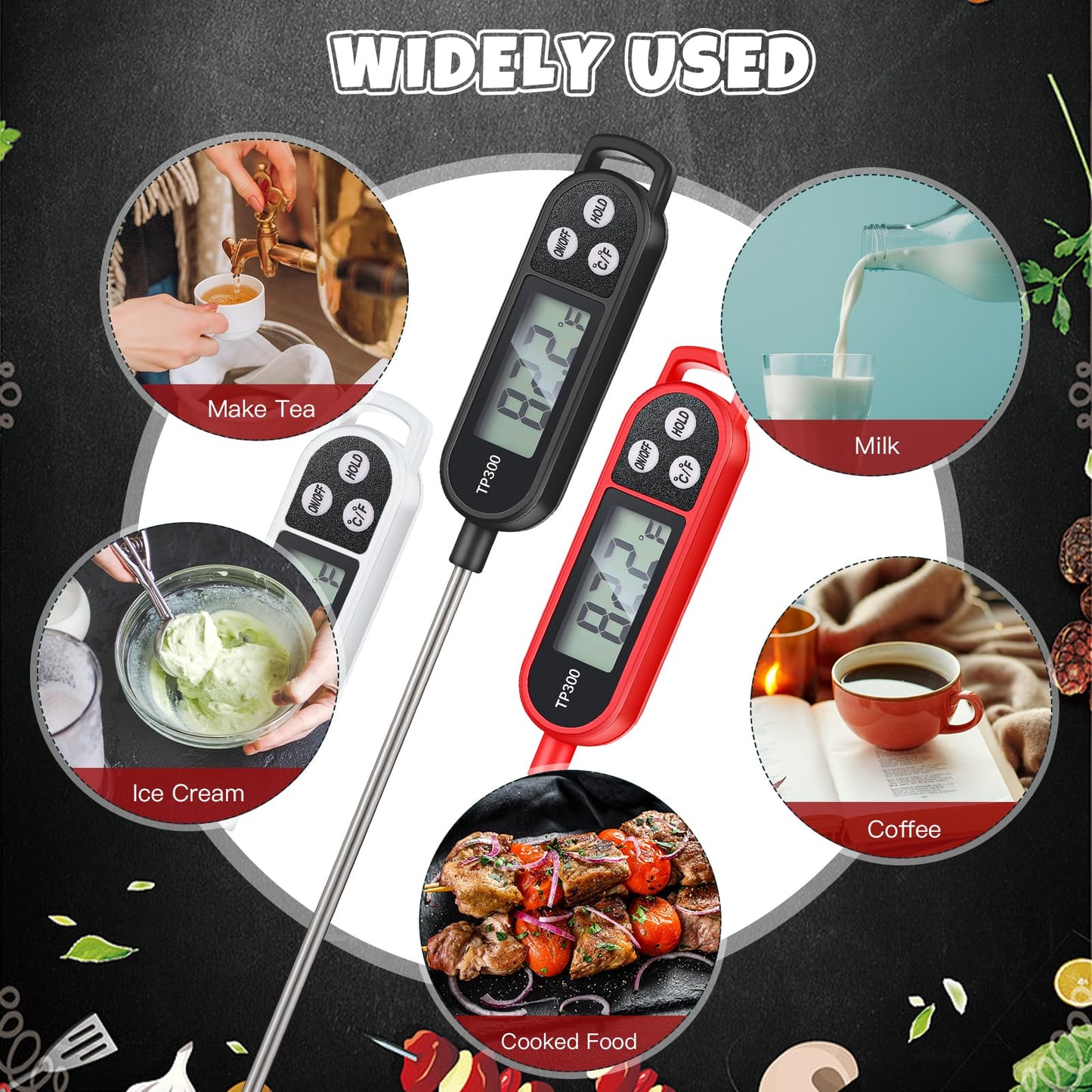 6 Pcs Instant Read Meat Thermometer with Long Probe 9.65 Inch Kitchen Cooking Food Candy Waterproof Digital Thermometer for BBQ Water Milk Yogurt Liquid (Round&Square Ring,Black,White,Red)