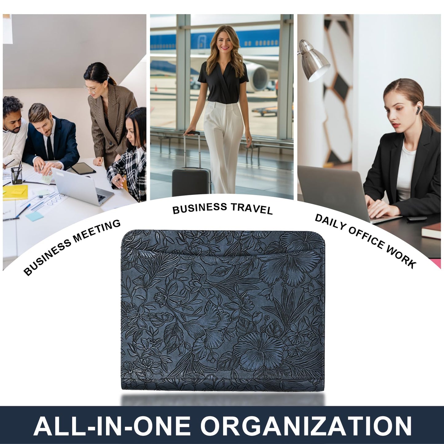 Leathario Portfolio Binder, Includes 5 Folder Index Dividers and 3 Notepads, 3-Ring Folder Organizer, Padfolio with Zipper, Vegan Leather Tablet Sleeve, Business Office Conference Clipboards