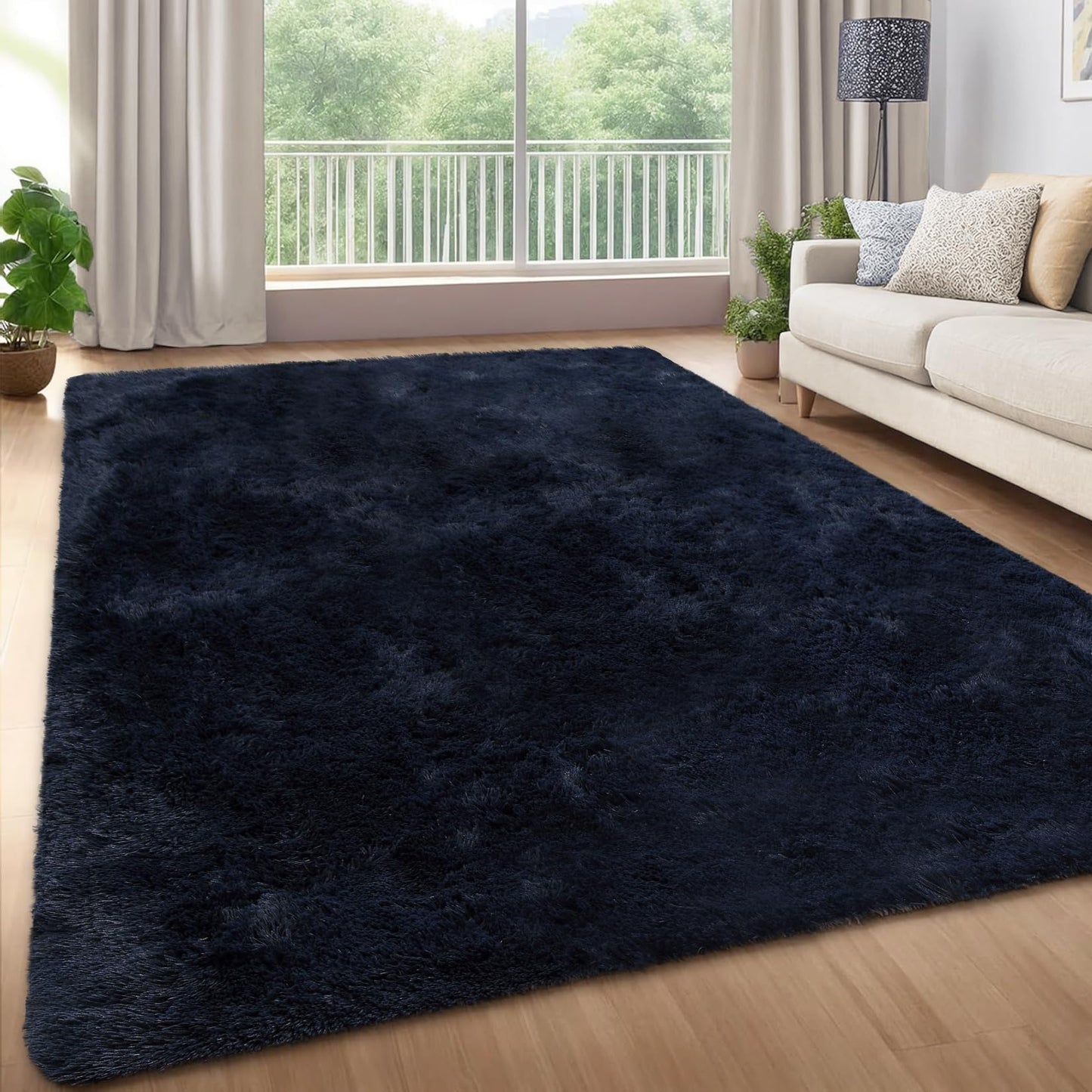 Garvee 8'x10' Oversized Fluffy Area Rug, Tie-Dye Luxury Shag Carpet for Living Room, Large Fuzzy Plush Rug for Basement & Family Room, Non-Slip, Bedroom Decor, Dark Navy