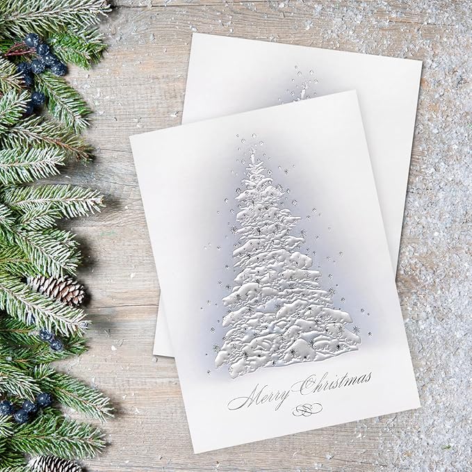 Masterpiece Embossed Frosted Tree Christmas Cards / 15 Boxed Winter Evergreen With Pearl And Silver Accents Holiday Cards With Coordinating Envelopes / 5 5/8" x 7 7/8" Folded Tree Greeting Card Set