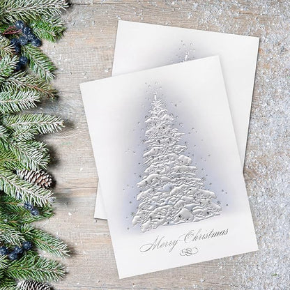 Masterpiece Embossed Frosted Tree Christmas Cards / 15 Boxed Winter Evergreen With Pearl And Silver Accents Holiday Cards With Coordinating Envelopes / 5 5/8" x 7 7/8" Folded Tree Greeting Card Set