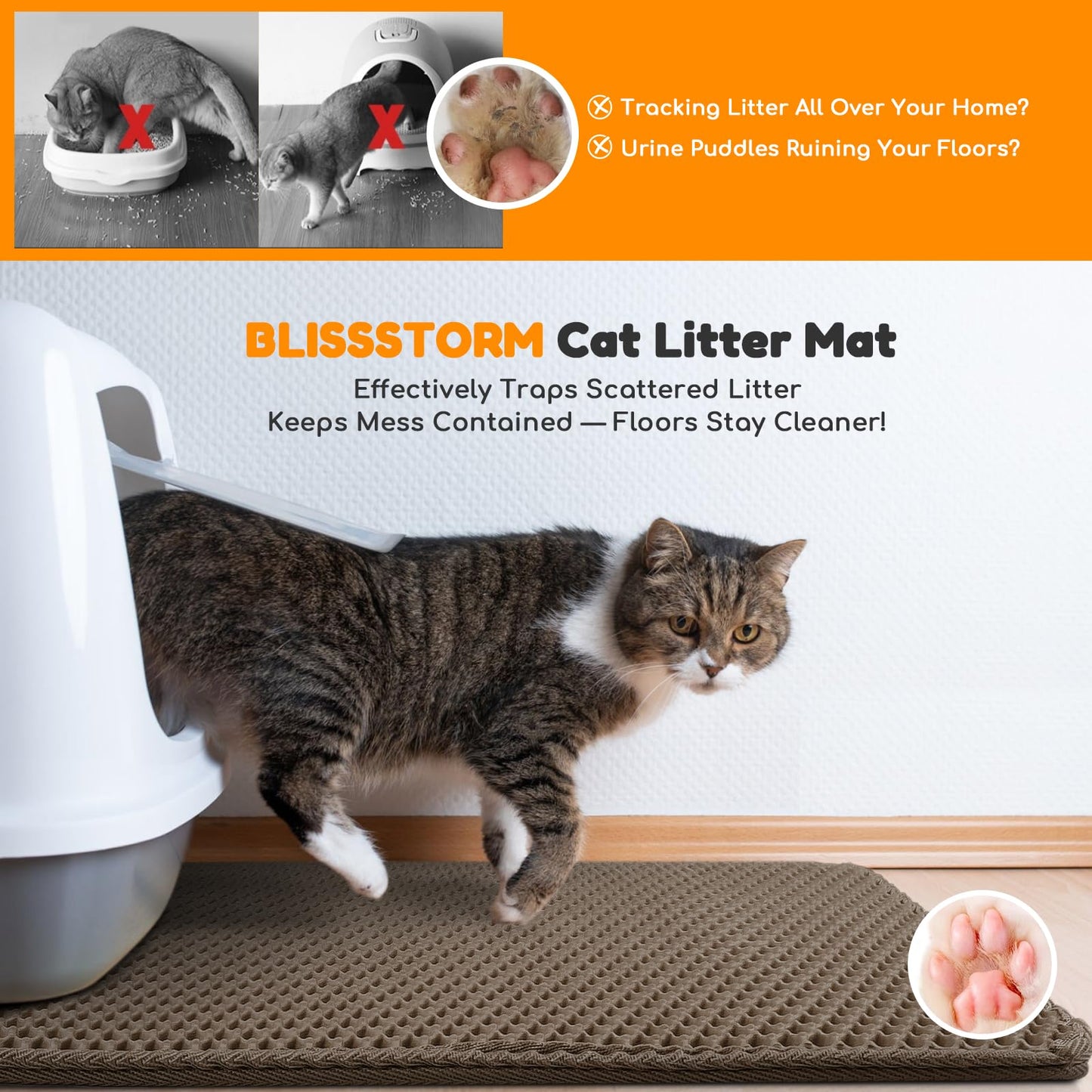 blissstorm Extra Large Waterproof Cat Litter Mat - 31x24 Inch Honeycomb Double Layer Traps Litter, Waterproof & Non-Slip Floor Protector, Easy Clean, Odor-Free, Brown