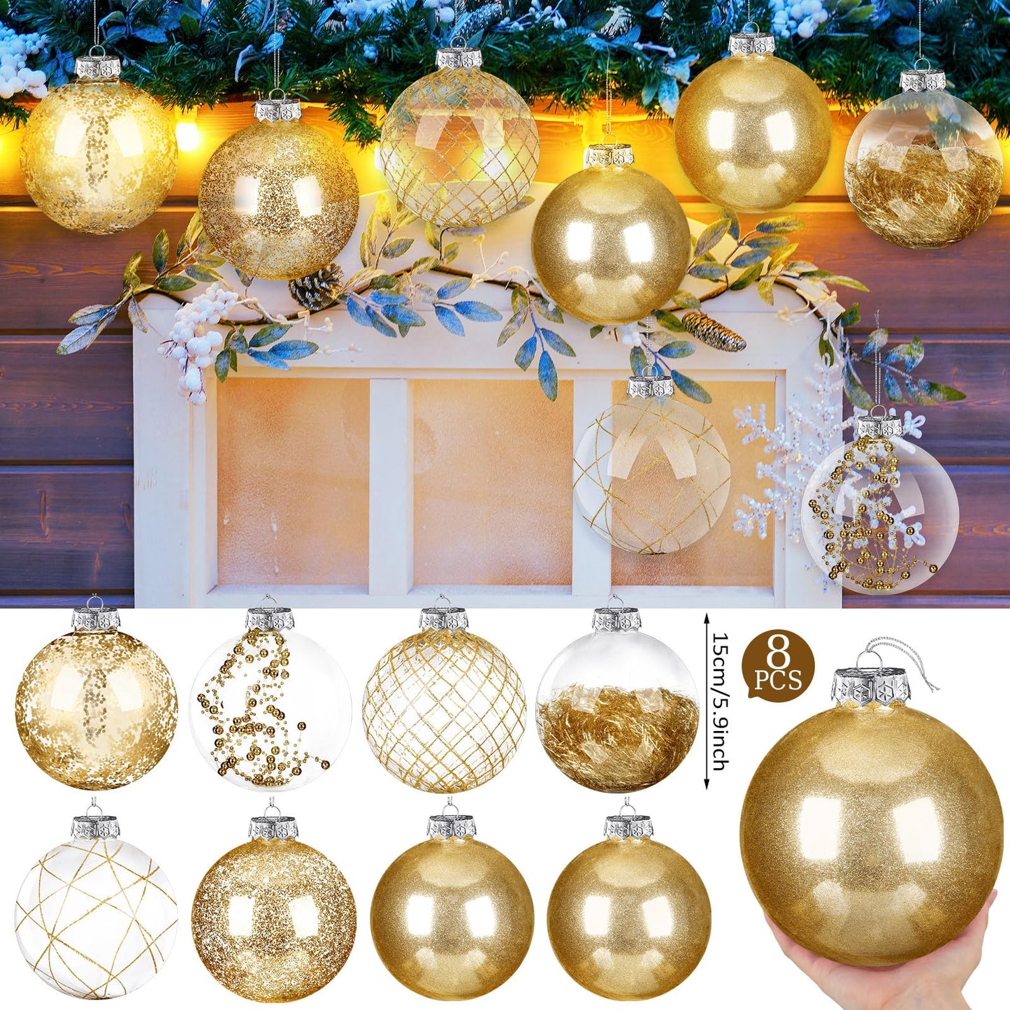 Wettarn Set of 8 Transparent Large Christmas Ball Ornaments 6 Inch Glitter Hanging Plastic Balls Christmas Tree Decorations for Lawn Yard Party with Exquisite Filling Decoration (Charming Gold)