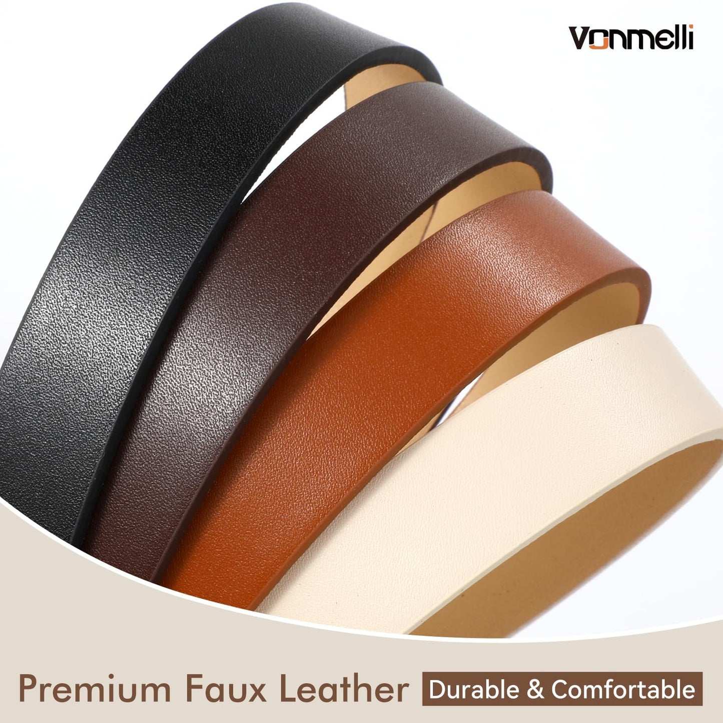 VONMELLI 4 Packs Thin Belts for Women Jeans Dress Fashion Womens Skinny Leather Belt Ladies Belt with Gold Buckle, Black Brown Coffee Beige, XXS