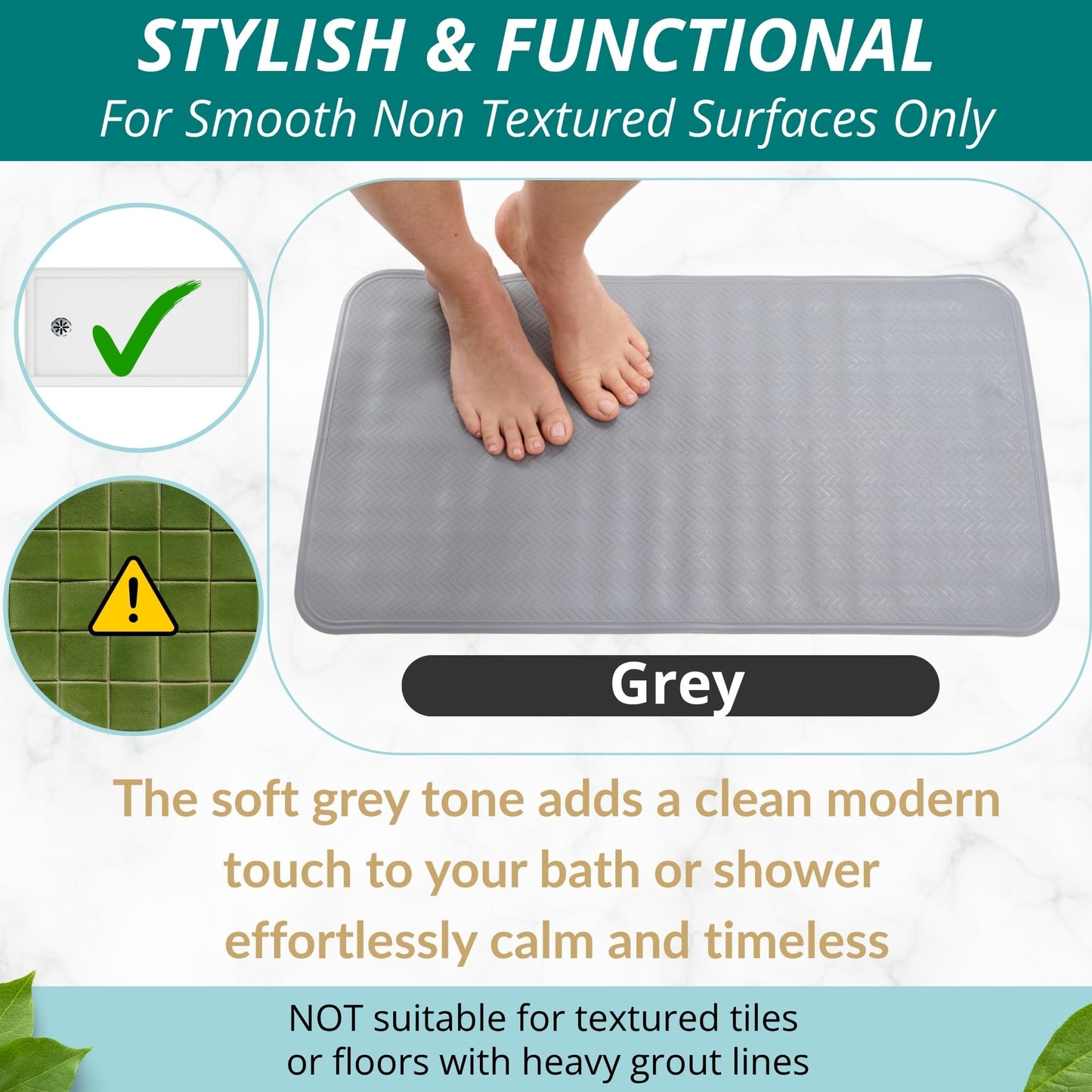 ENKOSI Non Slip Bath Mat for Tub and Shower Floors – Anti Slip Shower Mat with Secure Suction Cup Grip – Soft Grey Bathtub Mat for Inside Bath Tub and Smooth Bathroom Stalls (28x16 Gray)