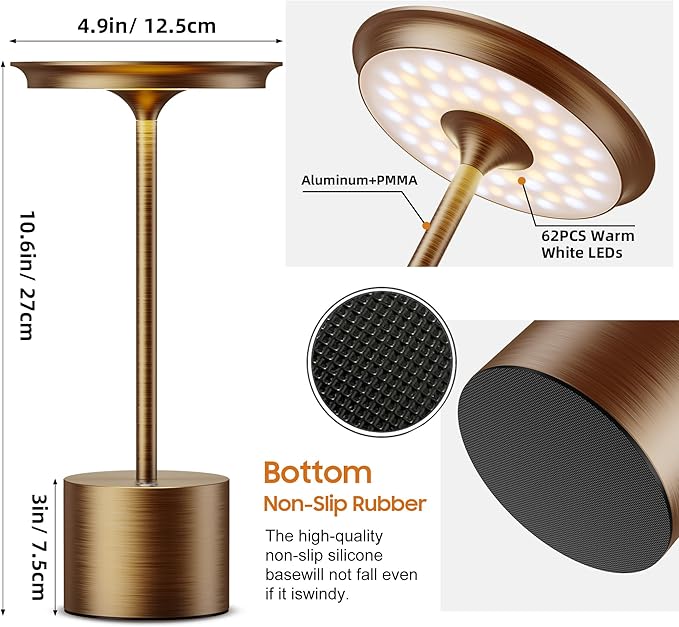 Cordless Table Lamp,Rechargeable 6000mAh Battery Operated Portable Light, 3 Color Stepless Dimmable Battery Table Lamps, LED Table Light for/Restaurant/Outdoor/Patio(Bronze)
