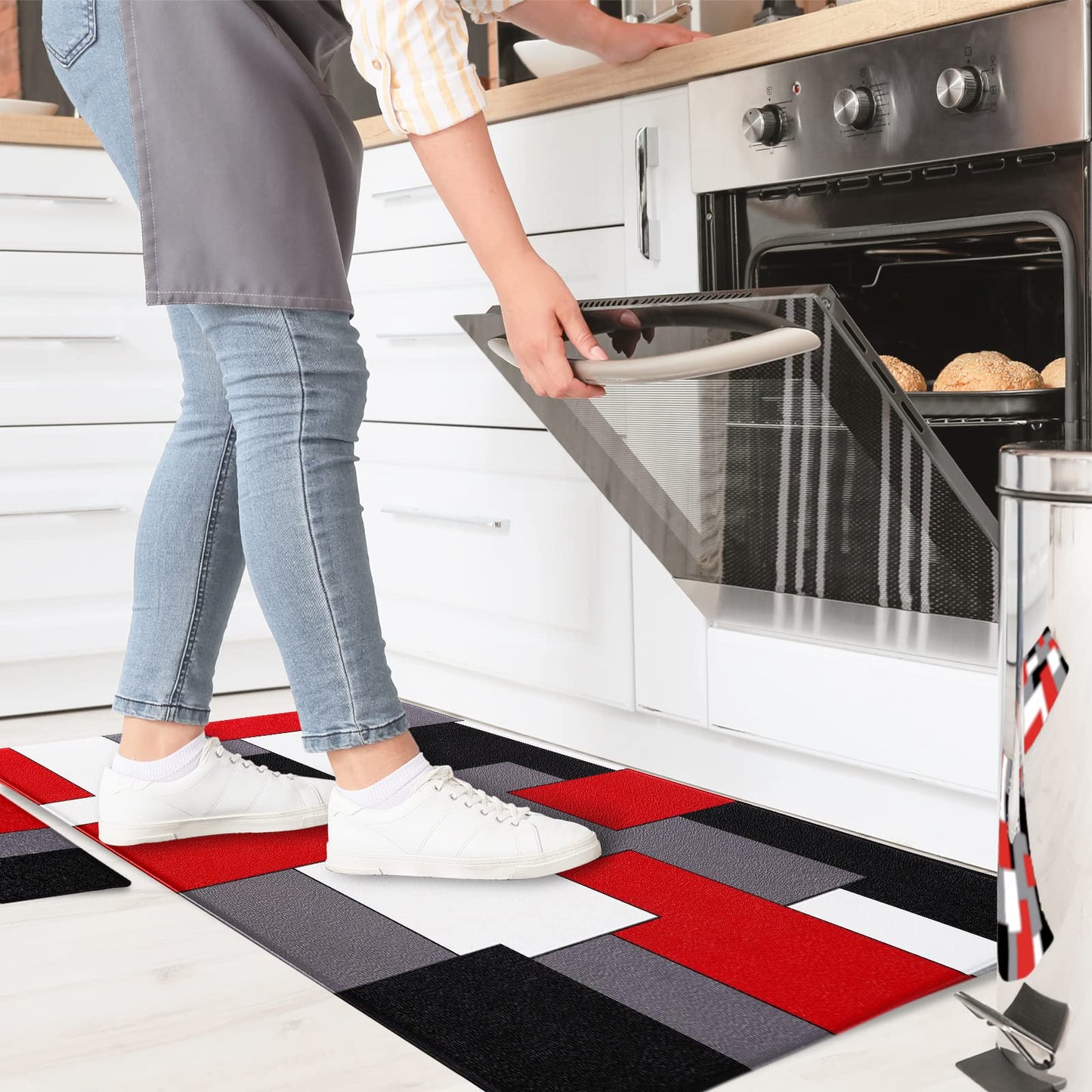 Black,White,Red and Grey Kitchen Rug Set 2 Piece Abstract Geometric Art Cushioned Abstract Modern Mats for Laundry (Geometric Art, 17.5"x29.5"+17.5"x47")