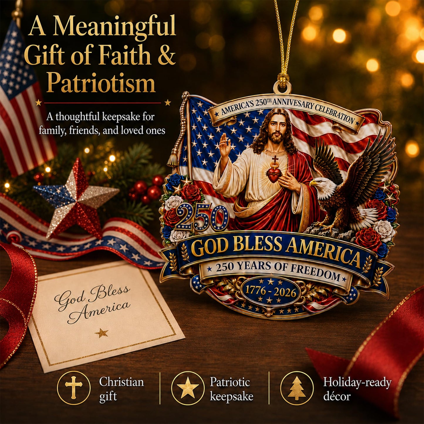 God Bless America Anniversary USA 250 Ornament, 2D Acrylic USA 250 Merchandise, Fourth of July Decorations, Patriotic Decor, USA 250th Anniversary 4th of July Gifts, USA 250th Birthday Gifts