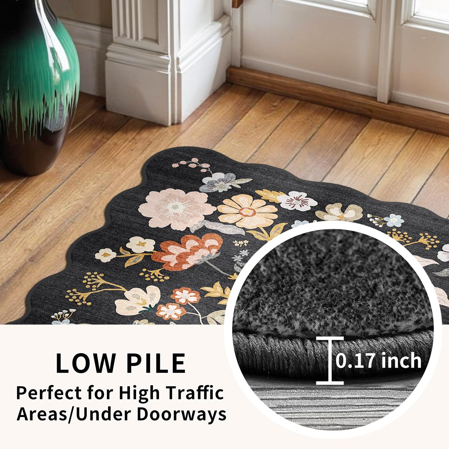 3x12ft Long Hallway Runner Rug - Non Slip Washable Floral Floor Runner for Kitchen Entryway Bathroom，Boho Low Pile Thin Rubber Backed Scalloped Carpet Runner (Black, 3x12)
