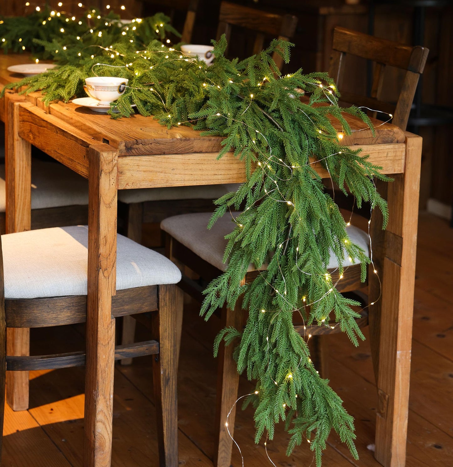 MISSPIN 9ft Christmas Garland with LED Lights, Real Touch Norfolk Pine Garland, Green Artificial Greenery Garland for Table, Mantle, String Light, Wall, Indoor, Outdoor Christmas Decorations