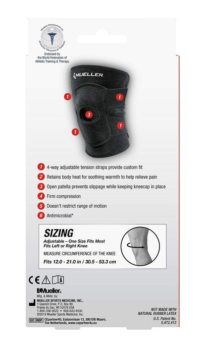 MUELLER Sports Medicine 4-Way Adjustable Knee Brace for Men and Women, Knee Stabilizer for Compression and Pain Relief Support, Ideal for Arthritis, Sprains, Black, One Size