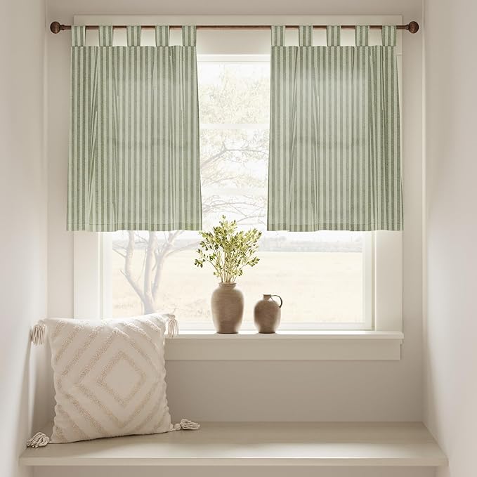jinchan Tab Top Linen Kitchen Curtains 24 Inches Striped Tier Curtains Farmhouse Modern Cafe Style Small Window Treatments Airy Light Filtering Rod Pocket for Living Room Bathroom 2 Panels Sage Green
