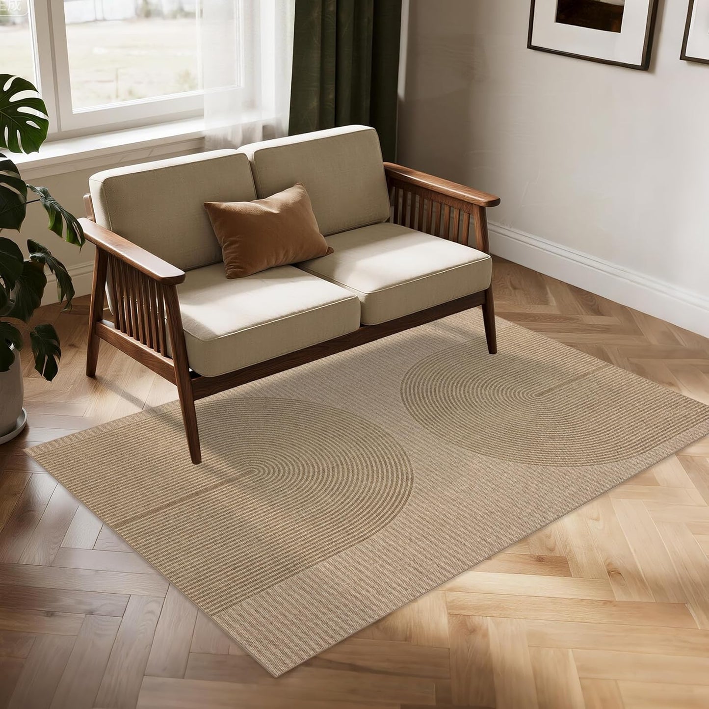 Easy Jute Rug 4x6 Outdoor: Natural Modern Area Rugs for Patio Porch Deck Linen-Look Fabric Durable - Neutral Washable Carpet for Entryway Living Room Bedroom Indoor Non Slip - Geometric Arch Pattern