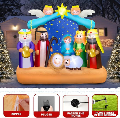 6.8 FT Christmas Inflatable Nativity Scene Outdoor with Build-in LED Lights, Large Christian Inflatables Decor Nativity Blow Up with Star Decoration for Indoor, Outdoor Holiday Garden Lawn