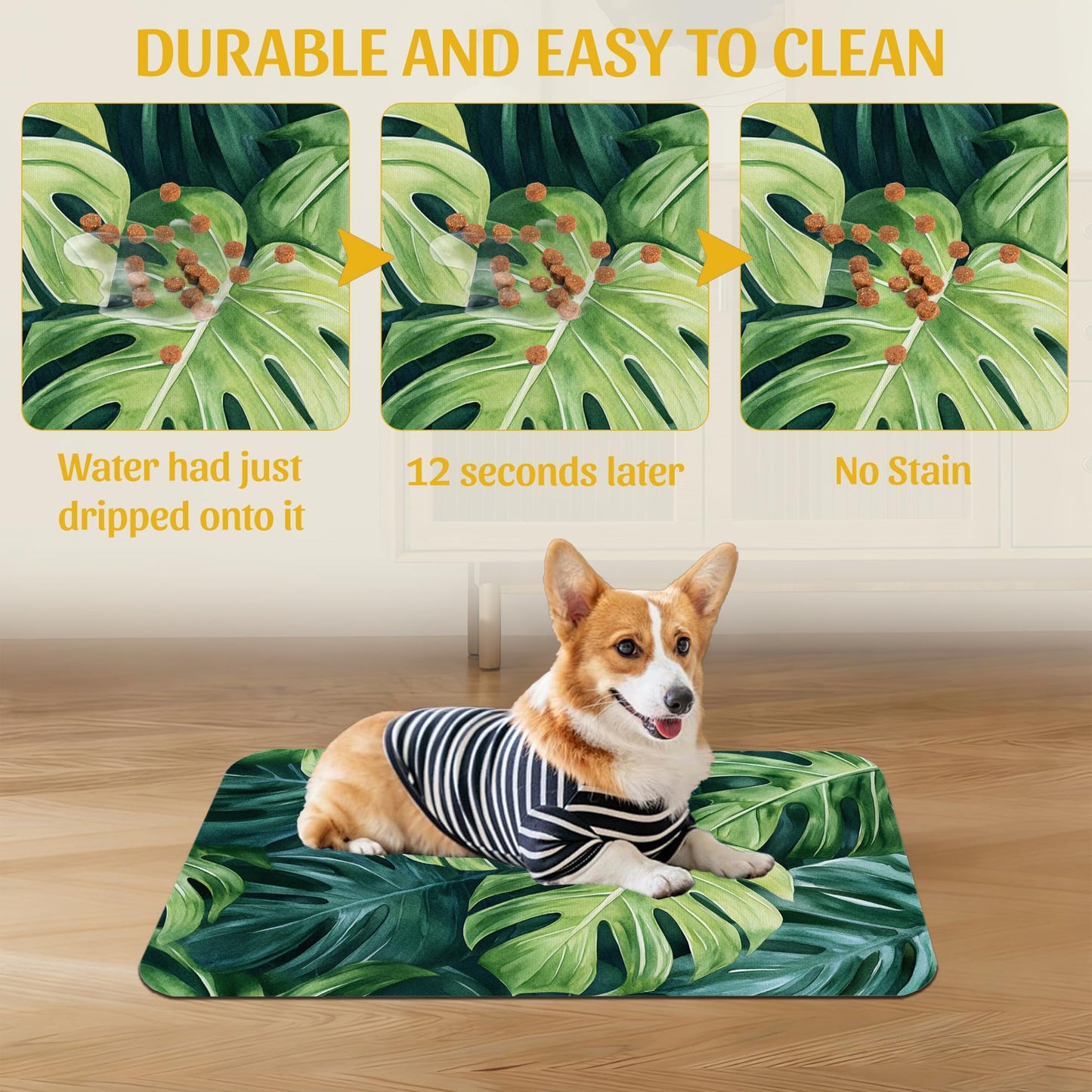 Tropical Palm Leaves Pet Feeding Mat, Absorbent Quick-Dry Dog Cat Bowl Mat, Non-Slip Bottom, Indoor Use – 16x24 Inch
