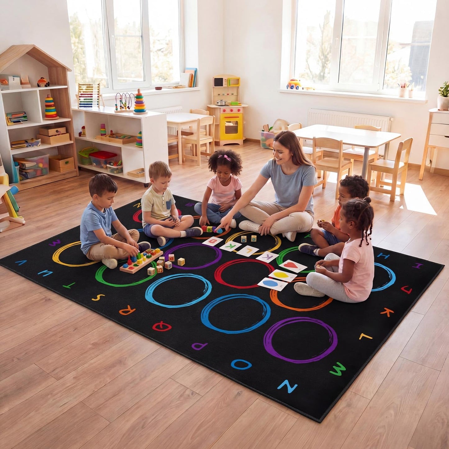 Teenyyou 6.6 x 11.2 ft Classroom Rug with Colorful Circle Elementary Educational Large Area Rug Kids Room Children Classroom Carpet Playroom Learning Preschool School Decor Seating Carpet 14 Seats