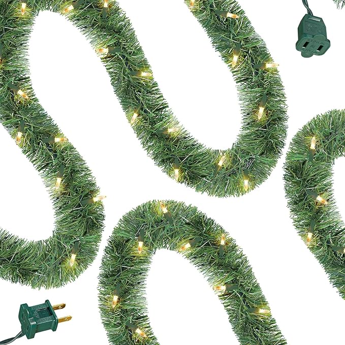 WATERGLIDE Lighted Christmas Green Garland 15FT, with Clear String Lights, Pre-lit Artificial Greenery Garlands, Plug in & Connectable Xmas Lights for Indoor Outdoor Holiday Party Decor