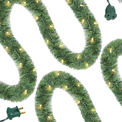 WATERGLIDE Lighted Christmas Green Garland 15FT, with Clear String Lights, Pre-lit Artificial Greenery Garlands, Plug in & Connectable Xmas Lights for Indoor Outdoor Holiday Party Decor