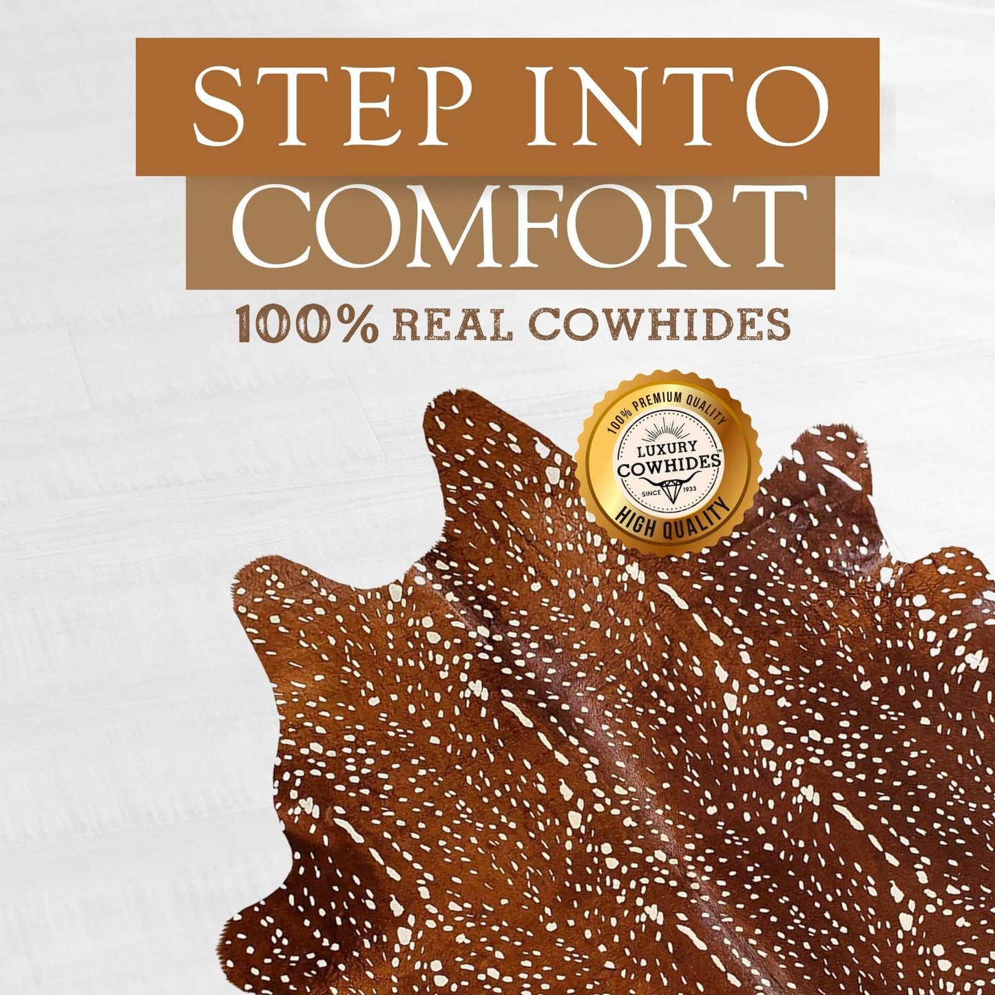 Sunshine Cowhides 100% Genuine Deer Print Cowhide Rug - Modern Style Animal Skin Rug & Floor Carpet for Living Room, Bedroom, Kitchen & More - Large (6x6-7ft)