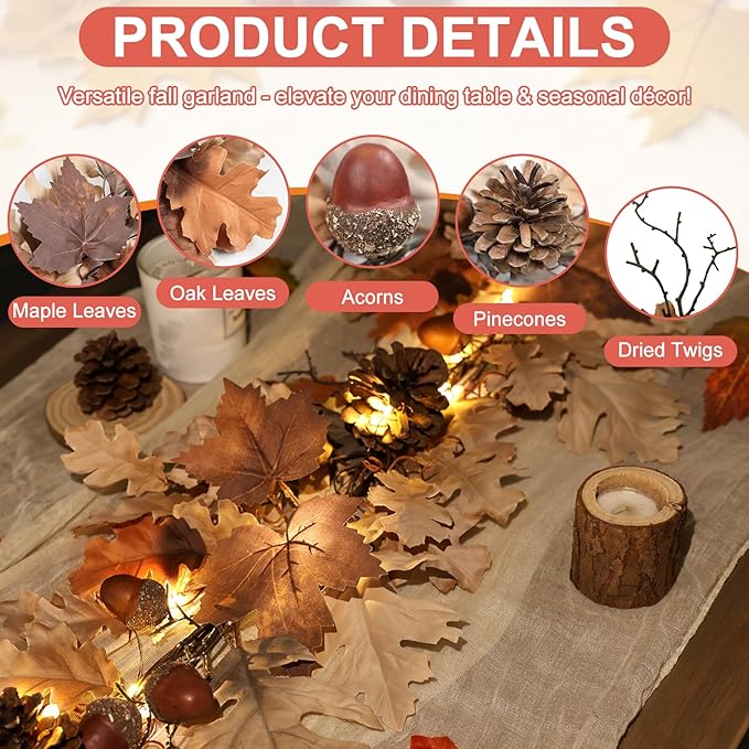 Fall Garland - 6 Ft Maple Leaf Garland with Pinecones - Fall Acorn Leaf Garlands with 30 Warm Lights for Thanksgiving Halloween Mantel Dining Table Centerpiece Indoor Outdoor Decor