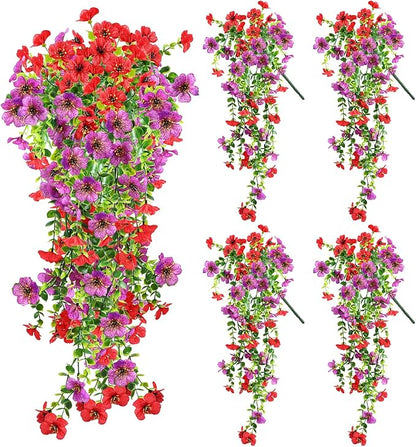 Artificial Fake Hanging Flowers Plants for Outdoor Spring Summer Autumn Decoration, 4pcs Faux Silk Realistic UV Sun Resistant Daisy for Outside Porch Patio Window Box Yard Home Decor (Red Purple)