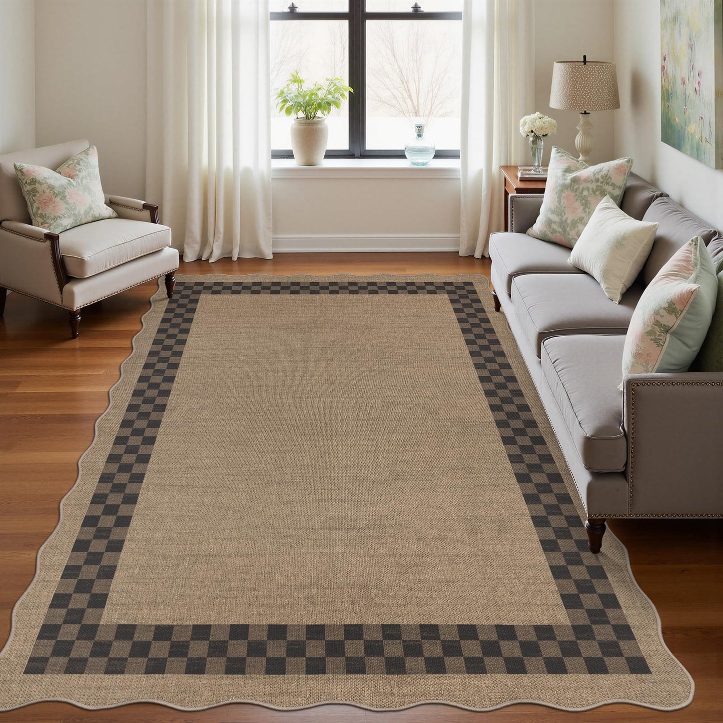 U'Artlines Easy Jute Checkered Area Rug 5x7, Washable Non Slip Indoor Outdoor Rug, Low Pile Non Shedding Farmhouse Carpet for Entryway Patio Backyard Kitchen Living Room Bedroom (Checked)
