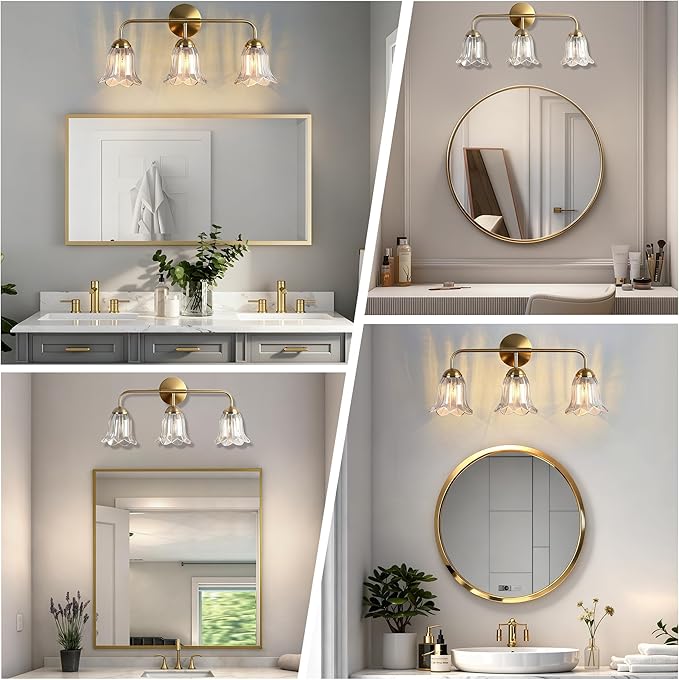 3-Lights Bathroom Vanity Light, Gold Vintage Bathroom Light Fixtures, Matte Antique Brass Finish with Crystal Glass Shade, Wall Sconces Lighting for Living Room, Bedroom, Hallway（E12 Base）