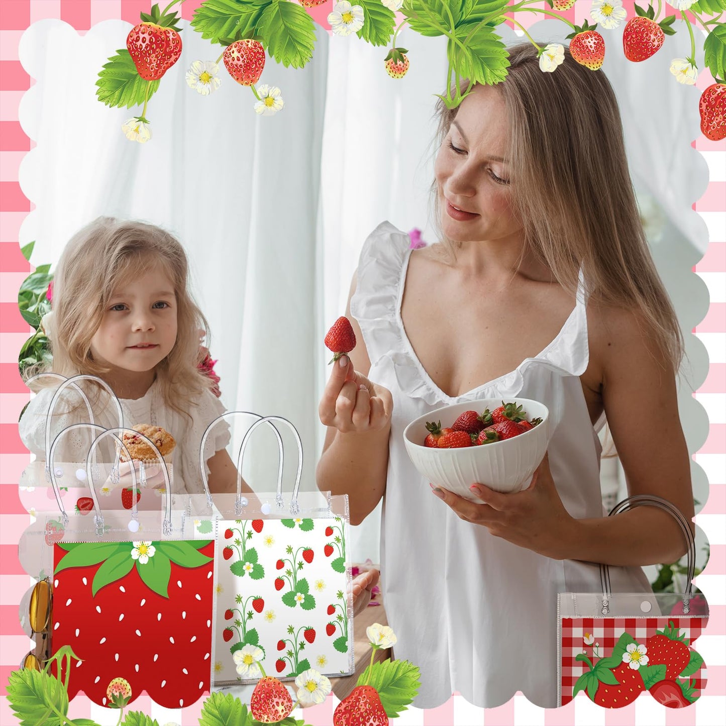 Teenyyou 24 Pcs Strawberry Party Favor Bags Clear PVC Goodie Treat Tote Gift Bags with Handles Strawberry Theme Birthday Party Supplies