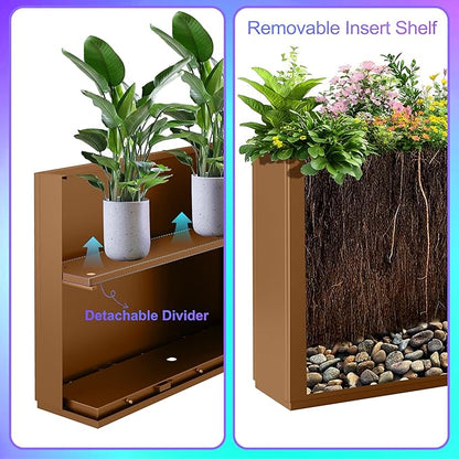 Tall Metal Planter, 15" W×16.3" H Large Rectangular Planter Box for Outdoor or Indoor, All-Weather Durable Plant Box with Drainage Holes & Removable Shelf for Patio, Porch, Garden, Trees, Flowers