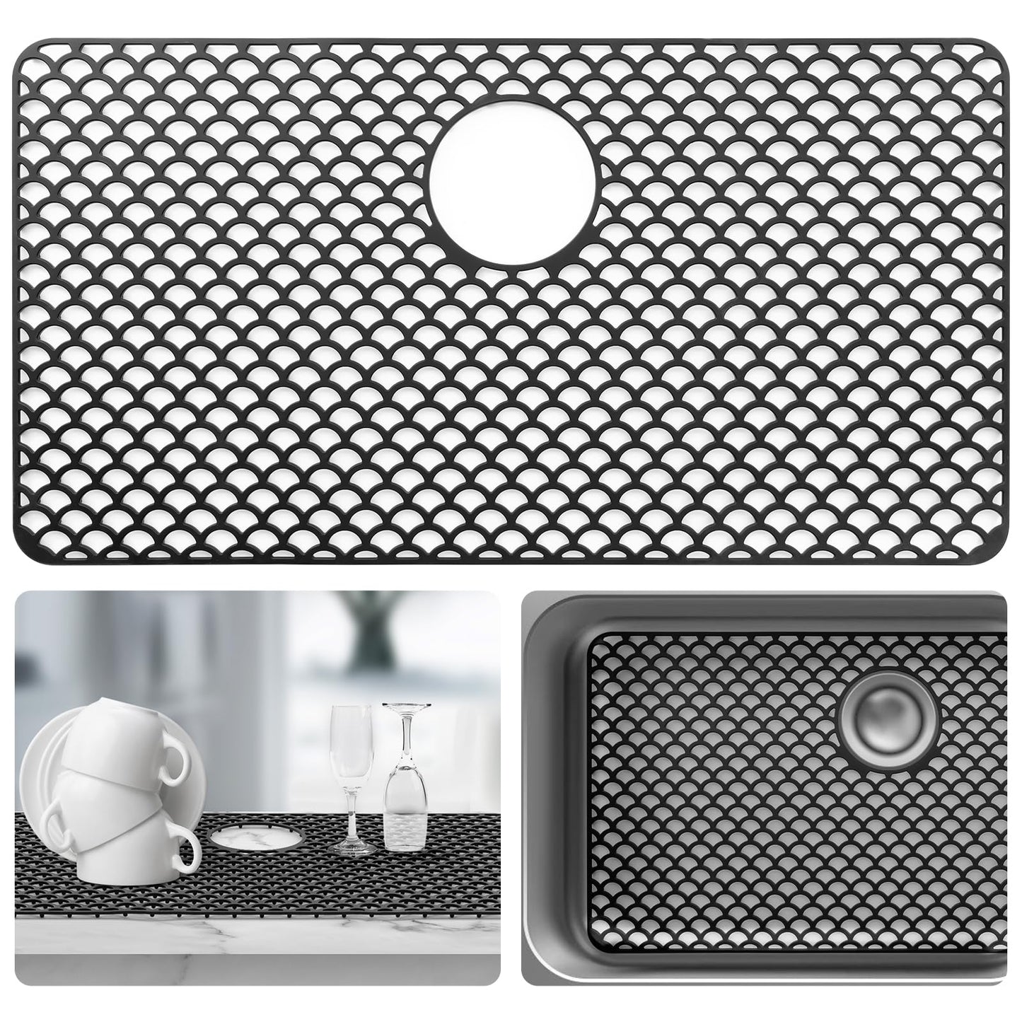 Sink Protectors for Kitchen Sink - Large 28.4"x 15" with Rear Drain Hole Heat Resistant Easy Clean Non-slip Silicone Kitchens Sinks Mat for Bottom of Kitchen Sinks Stainless Steel(Black)-72x38CM