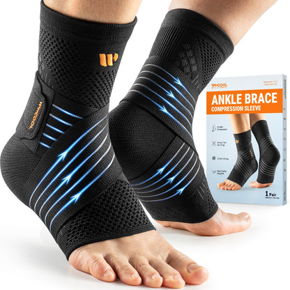 WHCOOL Low-Profile Ankle Braces for Women & Men, Customizable Ankle Compression Sleeve w/Wide Strap, Foot Support Wrap for Plantar Fasciitis Pain Relief, Achilles Tendonitis, Sprain, Black, 1 Pair, XL