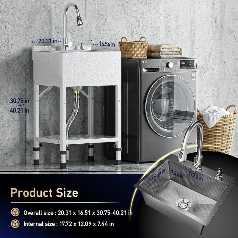 20" Freestanding Utility Sink, Stainless Steel Single Bowl with Deep Basin, Heavy Duty Sinks with Storage Shelves & Hot/Cold Water Pipes for Laundry, Kitchen, Farmhouse, Garage