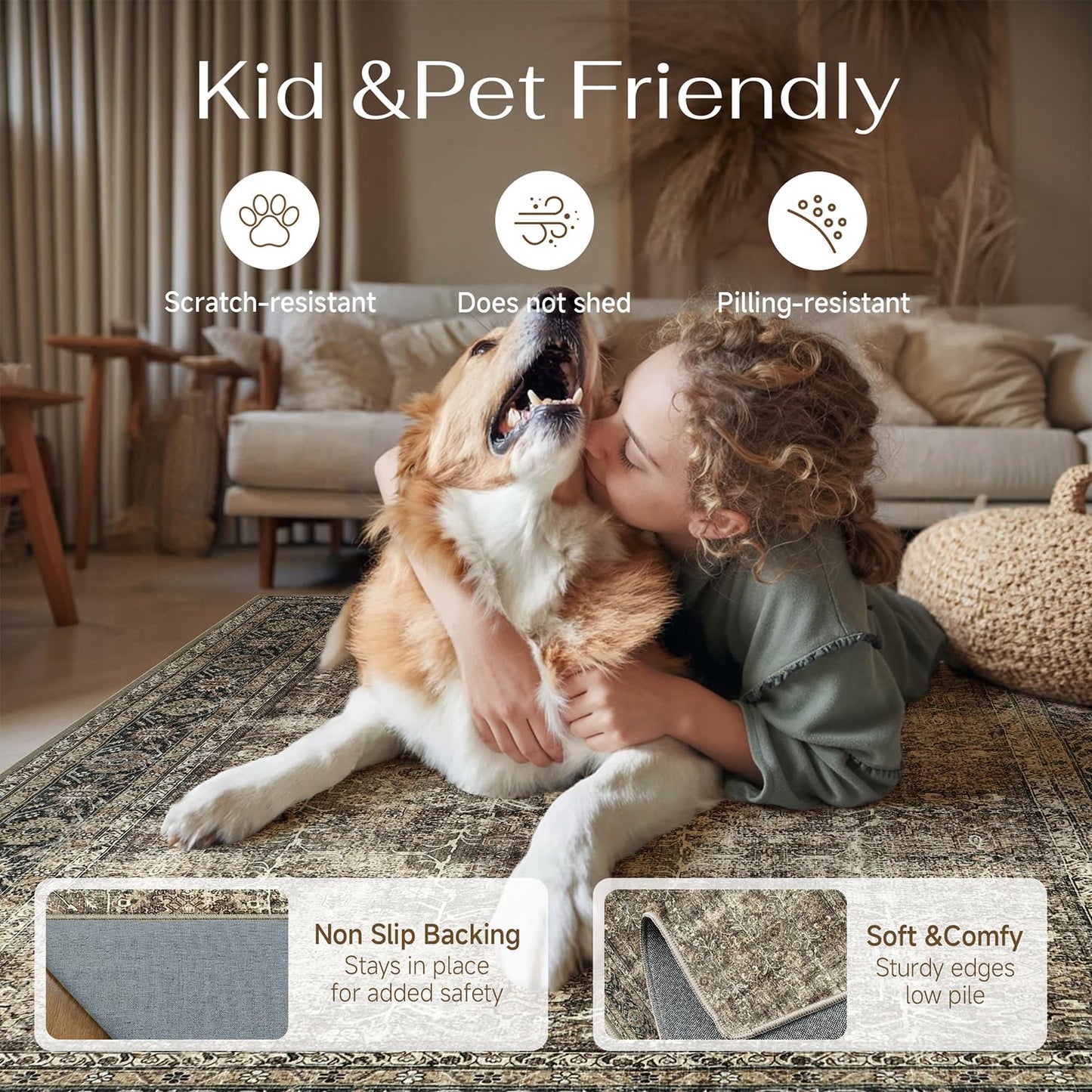 PureCozy Vintage Area Rug 8x10 Brown Washable Living Room Large Carpet Non Slip Bedroom Indoor Office Low Pile Traditional Distressed Retro Accent Rug for Dining Room