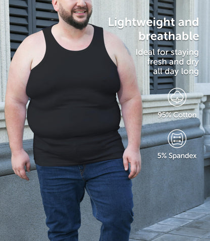 Comfneat Men's 4-Pack Big & Tall Tight Fit A-Shirts Tank Tops Sleeveless Undershirts Stretchy Cotton Spandex Base Layers (Black 4-Pack, 7XL)