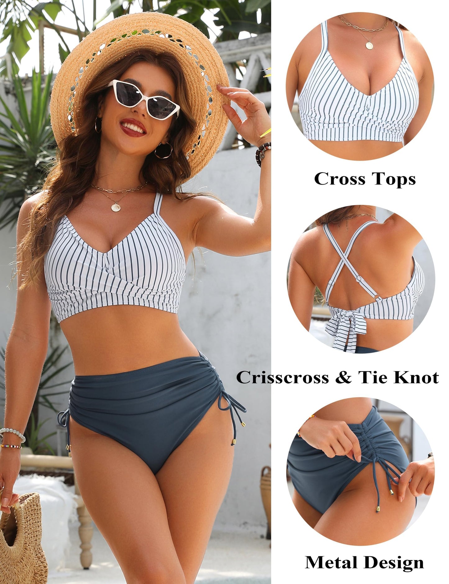 Blooming Jelly Womens High Waisted Bikini Sets Stripe Tummy Control Bathing Suits Ruched 2 Piece Swimsuit (Medium, Blue)