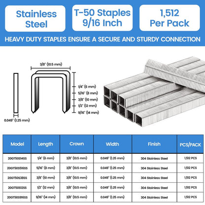 meite T50 Stainless Steel Staples Marine, 9/16 Inch Heavy Duty Staples for Staple Gun - 20 Gauge 3/8 Inch Crown T50 Upholstery Staple for Salt Water, Marine Applications (1 Case)