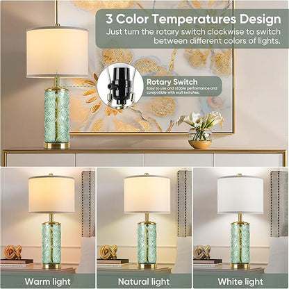 QiMH Glass Table Lamp Set of 2, Modern Gold Bedside Lamp with Stereo Palm Leaves Vein Glass for Living Room, Green Nightstand Lamps for Bedroom Home Office Reading Decor(Bulbs & Shades Included)