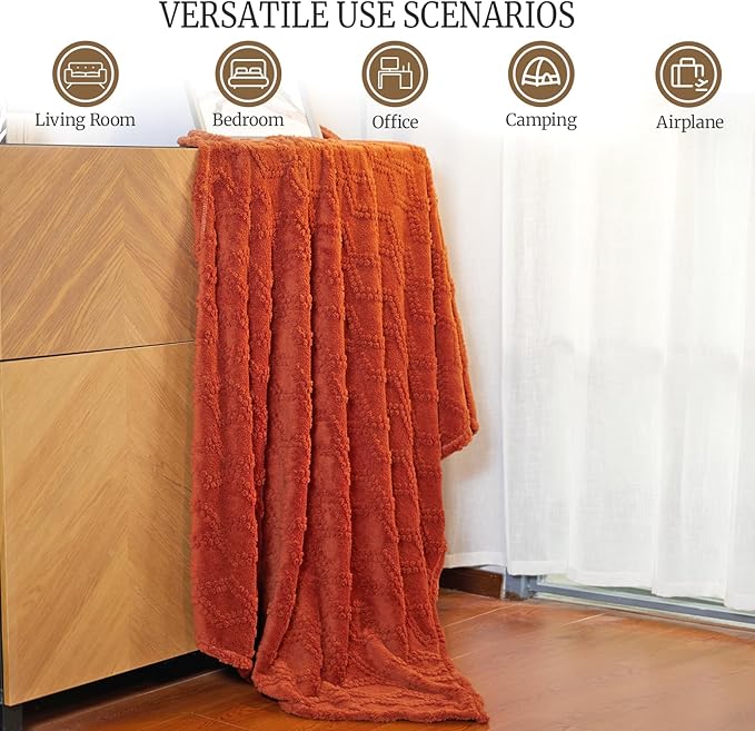 Jacquard Boho Fleece Throw Blanket-Cozy Fluffy Soft Lightweight Fuzzy Fall Blanket for Sofa, Couch, Bed, Chair & Car, Gifts for Teen Girls, Women & Men, Home and Dorm Decor, Rust Red, 50" x 70"