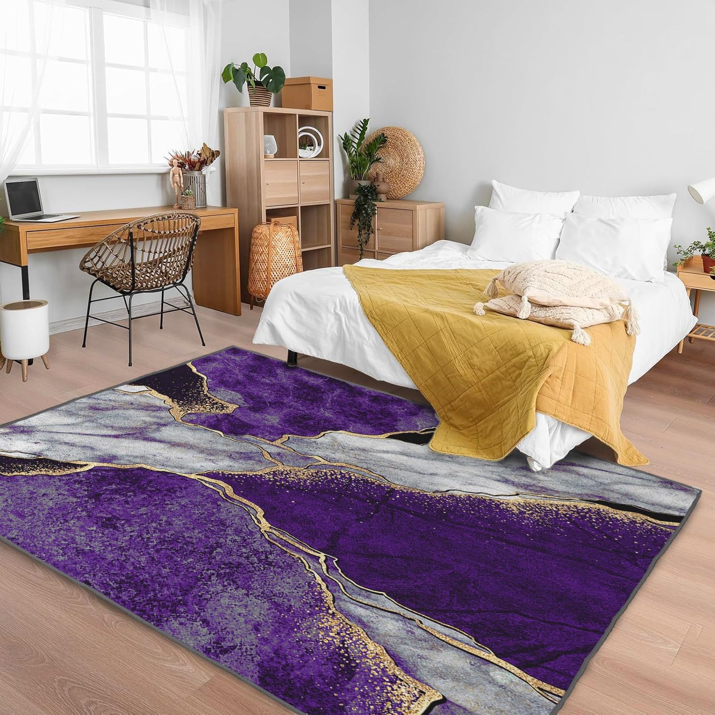 Azppsad Abstract Area Rug, Purple Gray Marble and Golden Pattern, Machine Washable Modern Non-Slip Rug, Home Decor Floor Carpet for Classroom Laundry Bedroom Living Room, 5' x 7'
