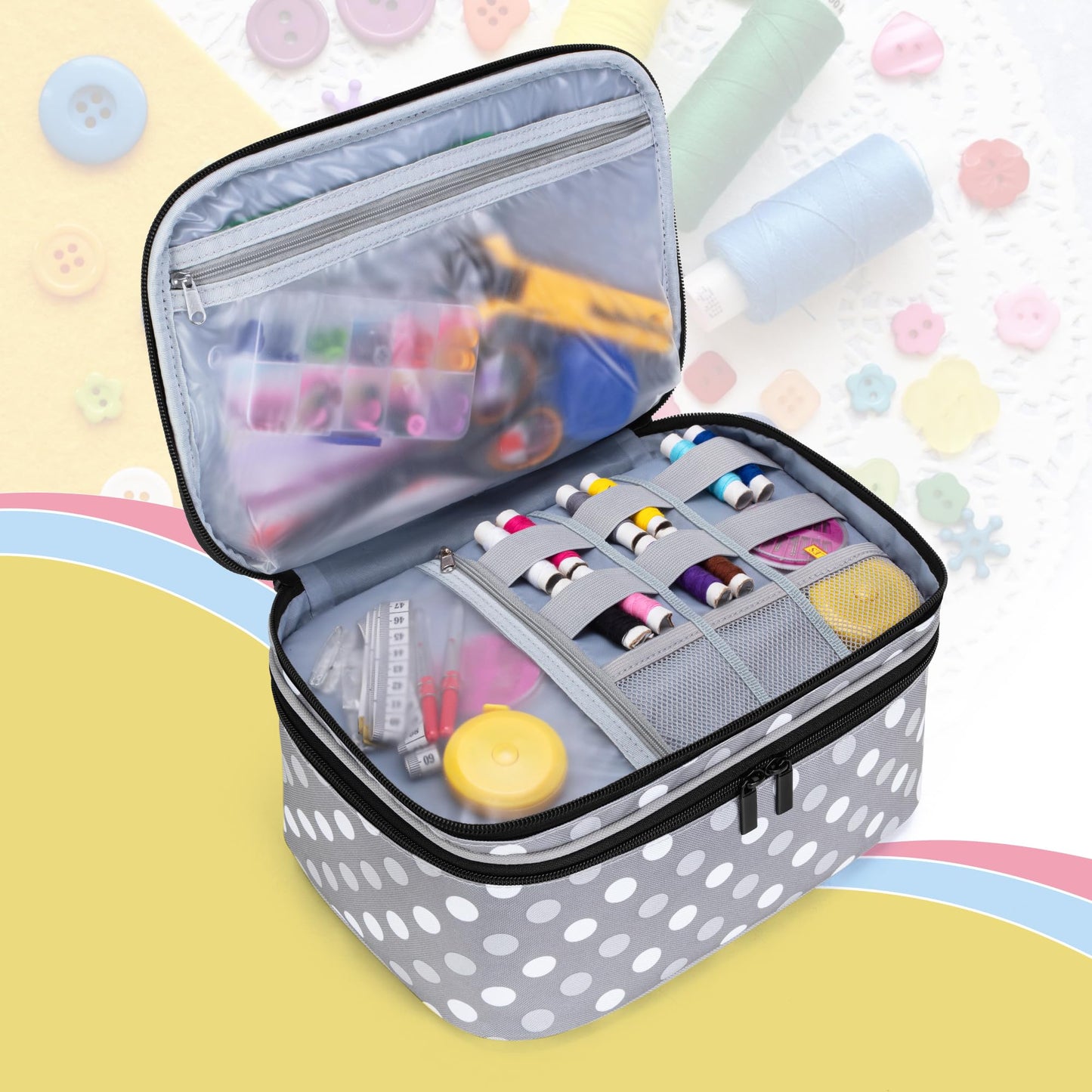Luxja Double-Layer Sewing Accessories Organizer, Sewing Supplies Organizer for Needles, Thread, Scissors, Measuring Tape and Other Sewing Tools, Large/Polka Dots