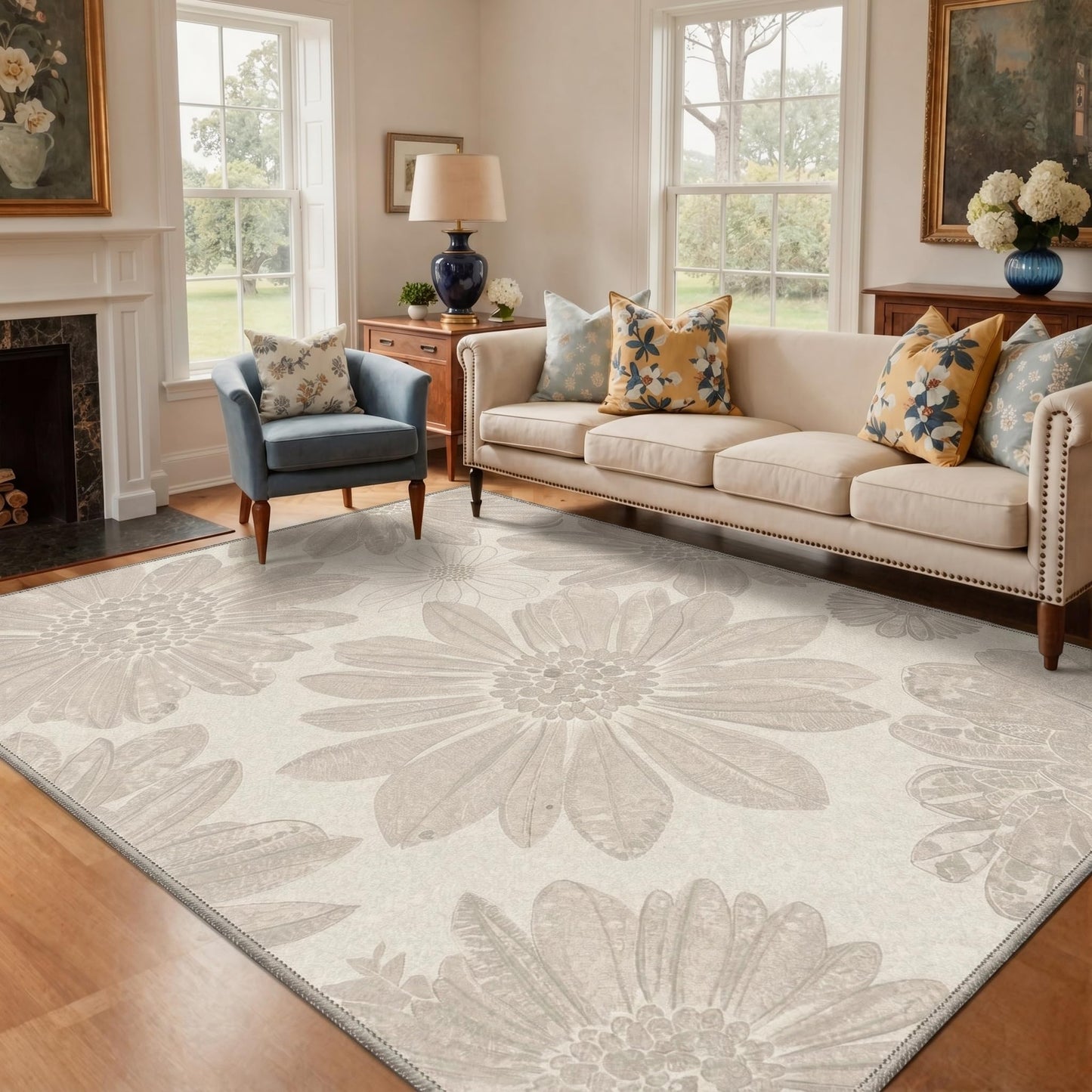 GENIMO 5x7 Area Rugs for Living Room, Machine Washable Non Slip Floral Rug, Low Pile Lightweight Flower Print Rug for Bedroom, Dining Room, Dusty Beige Flower