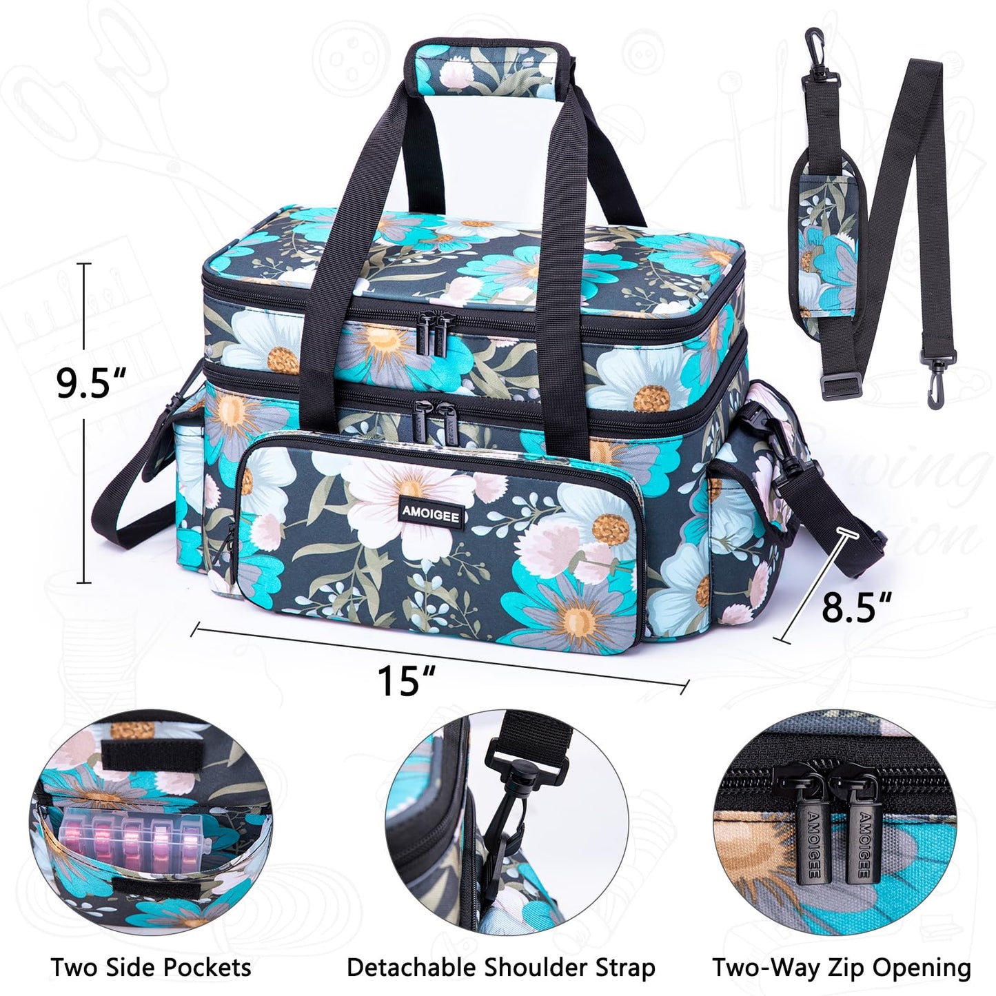 AMOIGEE Large 15" Double-Layer Sewing Storage Bag with Detachable Diviers – Large Sewing Organizer with Shoulder Strap, Elastic Loops for Sewing Supplies, Tools & Accessories
