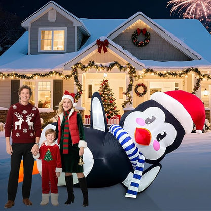 10Ft Christmas Inflatables Outdoor Decoration, Inflatable Penguin with Scarf Laying Down Christmas Blow Ups Yard Decoration for Garden, Lawn, Home Xmas Holiday Season Decor