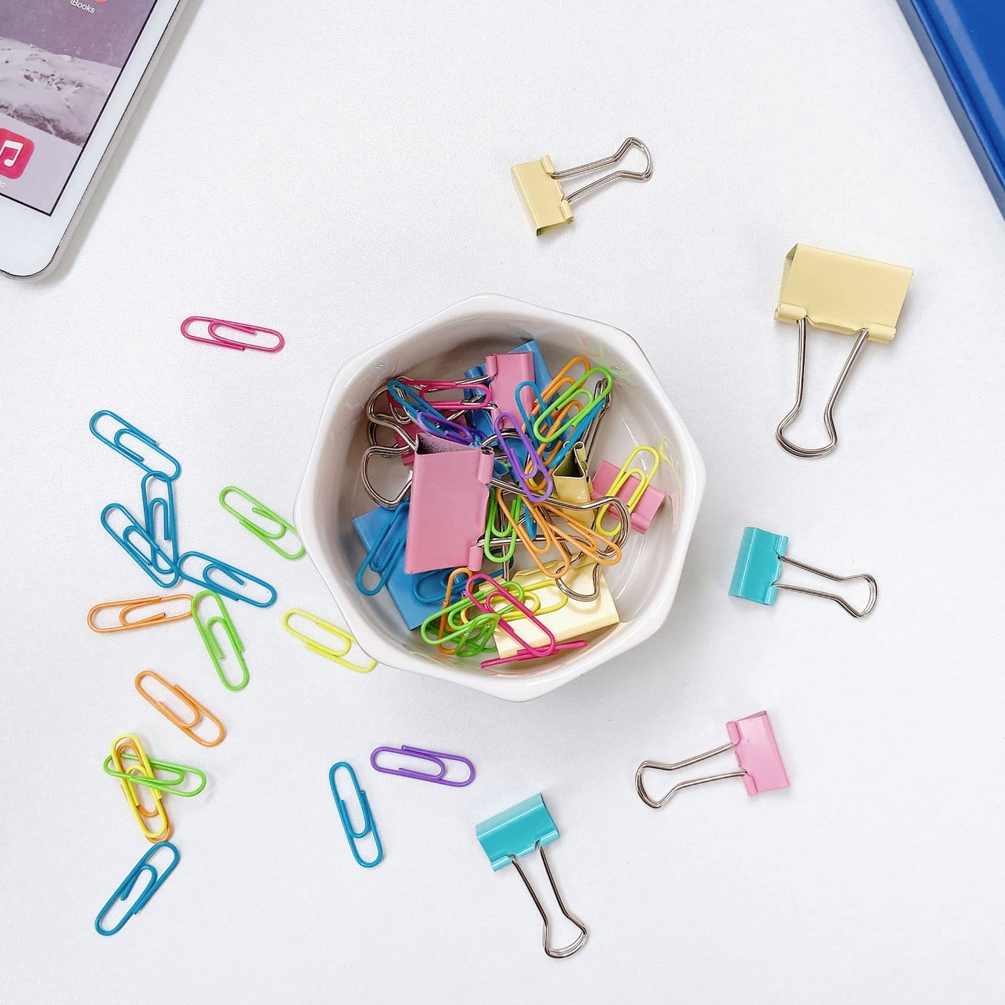LEAZUL Ceramic Paper Clip Holder Gold Line Paper Clip Dispenser Organizer for Desk Cute Floral Pattern Office Binder Clip Holder Bobby Pin and Hair Clip Holder Gift for Office Pink Flowers