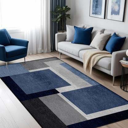 AICLIV Washable Low-Profile Geometric Area Rug, 0.2 inch Thin Abstract Rug Design for Living Room & Bedroom Decor, 3x5 ft Blue Grey Modern Non-Slip Floor Rug