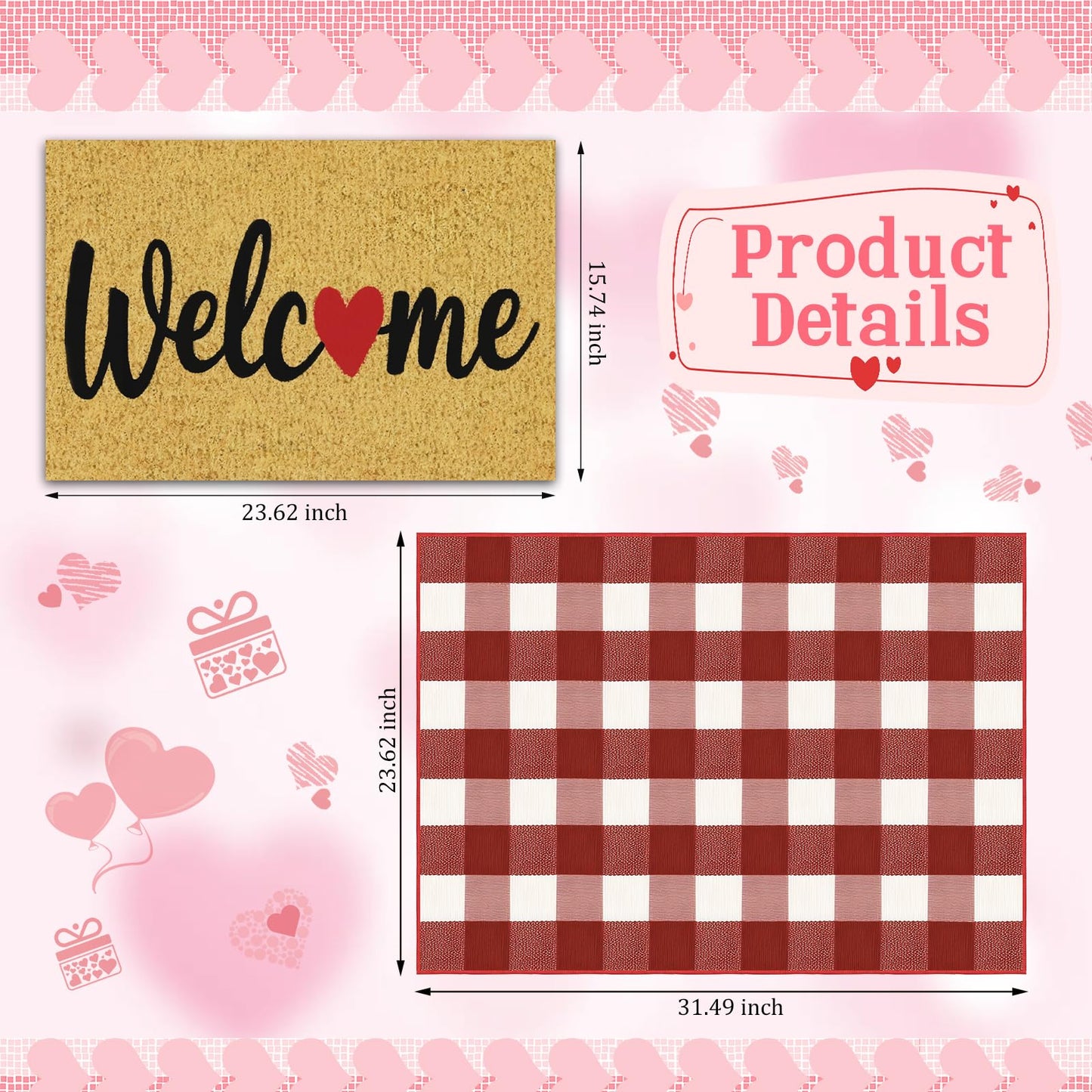 APUDWN 2 Pcs Valentines Day Welcome Doormat, Heart Welcome Door Mat Valentines Day Non Slip Coir Plaid Mat Layering Doormats Seasonal for Home Bathroom Front Porch Entryway Decor 24"x 32"